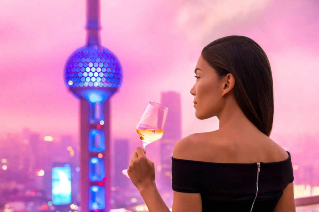 Elegant asian woman and skyline view of Shangai in Sunset